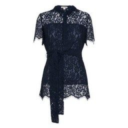 Whistles Fraia Lace Shirt navy. Blue semi sheer shirts | occasion tops | feminine tie waist blouses - flipped