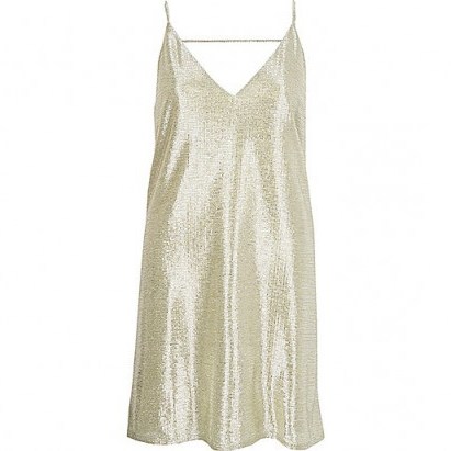 River Island gold foil slip dress – metallic party dresses – going out glamour – evening fashion – mini length - flipped