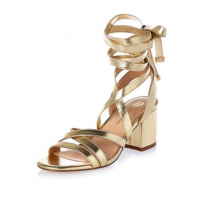River Island gold tie-up block heel sandals – summer shoes – strappy mid heels – chunky heeled – holiday footwear – ankle straps – wraps