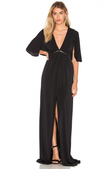 HALSTON HERITAGE FLOUNCE SLEEVE GOWN black. Plunge front gowns | deep V evening dresses | chic occasion wear | designer event fashion | empire line | maxi | plunging neckline - flipped