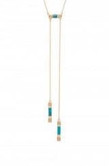 HOUSE OF HARLOW 1960 AGE OF ANTIQUITY BOLO TIE NECKLACE in GOLD & TURQUOISE RESIN. Double drop pendant necklaces | blue boho pendants | long length fashion jewellery