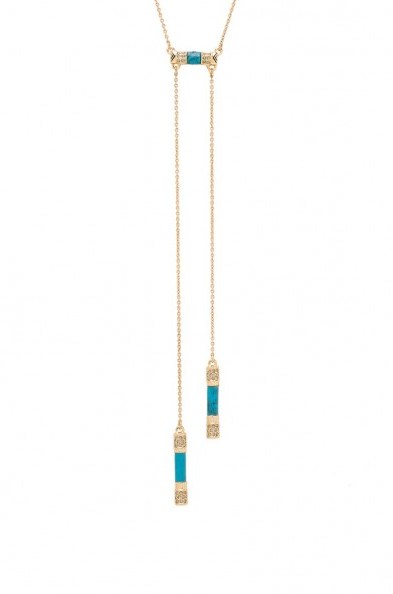 HOUSE OF HARLOW 1960 AGE OF ANTIQUITY BOLO TIE NECKLACE in GOLD & TURQUOISE RESIN. Double drop pendant necklaces | blue boho pendants | long length fashion jewellery - flipped