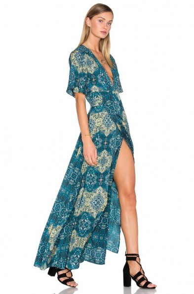 HOUSE OF HARLOW 1960 X REVOLVE BLAIRE WRAP MAXI in Moroccan Tile Print. Long summer dresses | warm summer evenings | chic day wear | plunge front necklines | deep V neckline | plunging neck - flipped