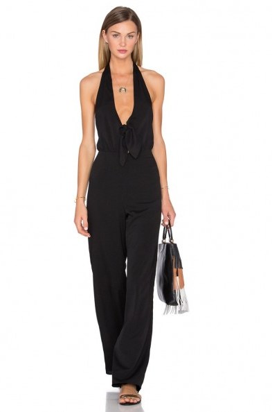 HOUSE OF HARLOW 1960 X REVOLVE COCO TIE FRONT JUMPSUIT in black. Front plunge sleeveless jumpsuits | chic summer fashion | warm holiday evenings | deep V neckline | elegant day wear | plunging necklines - flipped