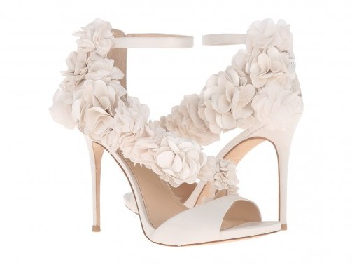 Imagine Vince Camuto Daphne in ivory – floral embellished wedding sandals – ankle strap high heels – bridal accessories - flipped