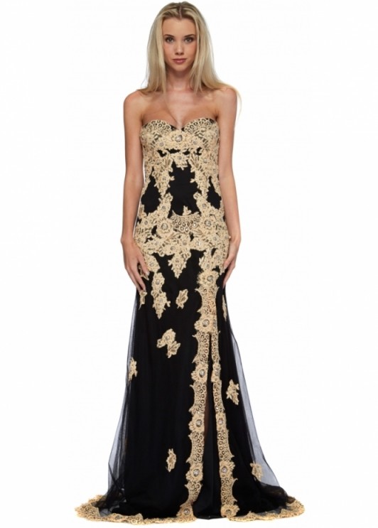 JOVANI Strapless Black Tulle With Nude Lace Evening Dress ~ long occasion fashion ~ glamorous maxi dresses ~ evening glamour
