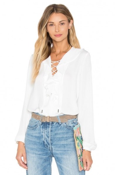 L’ACADEMIE THE RUFFLE BOHO BLOUSE ivory – from Olivia Palermo’s Hampton’s must-have’s, July 2016. Celebrity style blouses | ruffles shirts | summer tops | star style fashion | lace up front | Olivia Palermo style - flipped