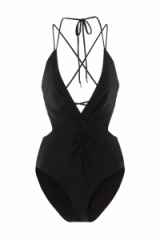 LAVISH ALICE Black Deep Plunge Lace Up Back Swimsuit. Plunging swimwear | chic swimsuits | pool fashion | deep V neckline | low cut necklines