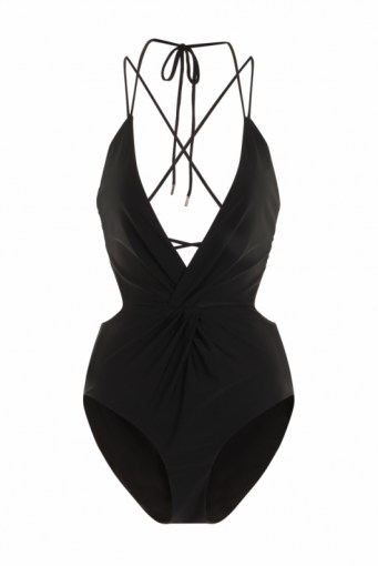 LAVISH ALICE Black Deep Plunge Lace Up Back Swimsuit. Plunging swimwear | chic swimsuits | pool fashion | deep V neckline | low cut necklines - flipped