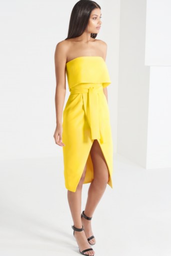 LAVISH ALICE Canary Yellow Bandeau Cropped Tie Front Midi Dress – summer fashion – strapless dresses - flipped