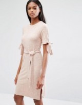 Lavish Alice Nude Rib Jersey Tie Detail Dress nude – pale pink dresses – tie sleeve – short sleeved – belted waist – ribbed jersey – chic day fashion – luxe style clothing