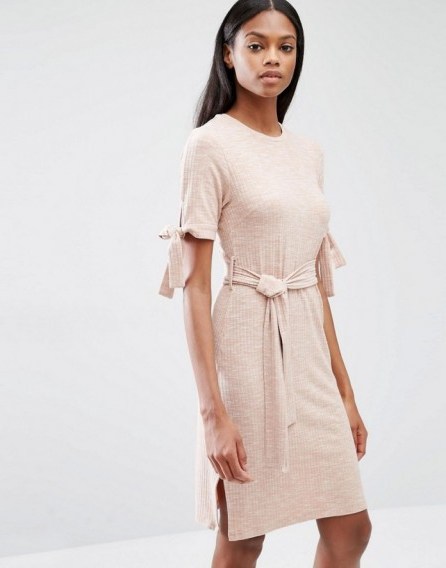 Lavish Alice Nude Rib Jersey Tie Detail Dress nude – pale pink dresses – tie sleeve – short sleeved – belted waist – ribbed jersey – chic day fashion – luxe style clothing - flipped