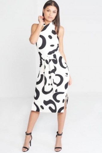 LAVISH ALICE Monochrome Abstract Print Halter Neck Midi Dress – summer party fashion – chic style – black and white prints – halterneck – parties - flipped
