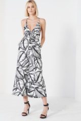 LAVISH ALICE Monochrome Palm Print Open Back Cross Strap Culotte Jumpsuit – black and white jumpsuits – wide leg – cropped – holiday fashion – summer style