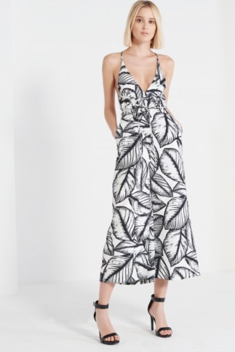 LAVISH ALICE Monochrome Palm Print Open Back Cross Strap Culotte Jumpsuit – black and white jumpsuits – wide leg – cropped – holiday fashion – summer style - flipped