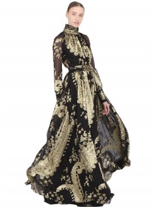EMANUEL UNGARO SILK BLEND JACQUARD FIL COUPE GOWN ~ statement gowns ~ long designer dresses ~ event wear ~ occasion clothing ~ black & gold ~ beautiful clothing - flipped