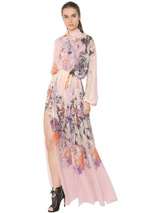 ROBERTO CAVALLI FLORAL PRINT SHEER SILK GEORGETTE DRESS ~ floral event gowns ~ luxe statement dresses ~ occasion clothing ~ beautiful designer fashion