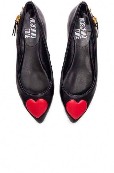 LOVE MOSCHINO HEART FLAT black. Designer flats | red hearts | side zip detail | flat shoes - flipped