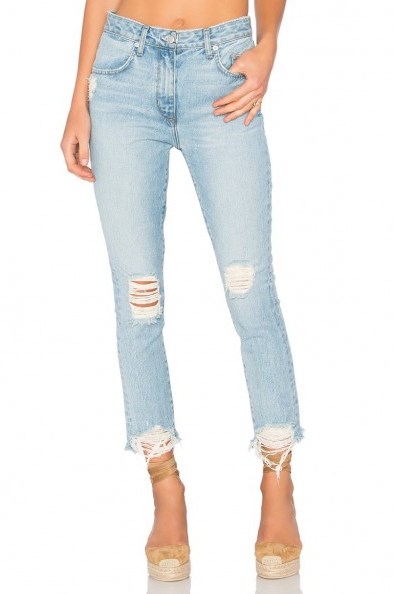 LOVERS + FRIENDS LOGAN HIGH-RISE TAPERED JEAN in siena ~ from Olivia Palermo’s Hampton’s must-have’s, July 2016. Celebrity style fashion | light blue distressed denim | casual | raw cut hem | Olivia Palermo style - flipped