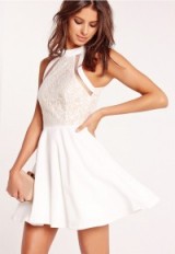 Missguided mesh stripe lace top skater dress white – fit and flare party dresses – feminine evening fashion – going out
