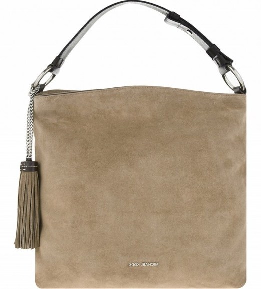 MICHAEL MICHAEL KORS Elsye large suede shoulder bag in DK Dune – designer handbags – luxe style bags – accessories - flipped