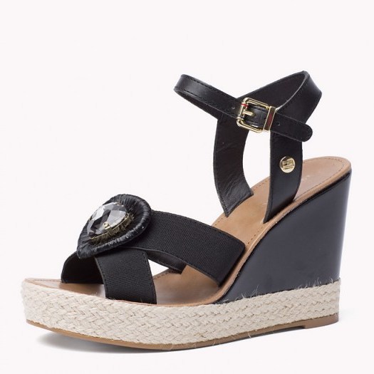 Tommy Hilfiger Mixed Wedge Sandal black. Jewel embellished | summer wedges | high heels | strappy sandals - flipped