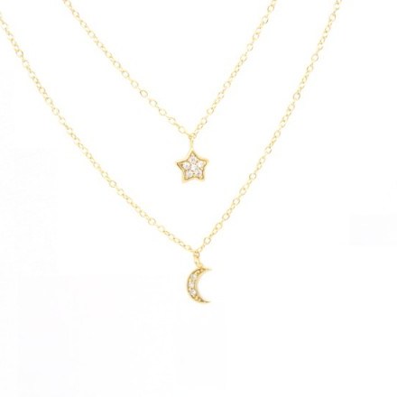 ALEXI ~ MOON AND STAR DOUBLE DROP NECKLACE 18ct Gold plated Sterling Silver. Fashion jewellery | Cubic Zirconia necklaces ~ delicate pendants - flipped