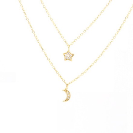 ALEXI ~ MOON AND STAR DOUBLE DROP NECKLACE 18ct Gold plated Sterling Silver. Fashion jewellery | Cubic Zirconia necklaces ~ delicate pendants