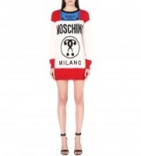 MOSCHINO Logo-intarsia wool dress – as worn by Bella Hadid with black over the knee boots at Kate Upton’s birthday party, June 2016. Celebrity fashion | star style knitwear | designer sweater dresses | long sweaters