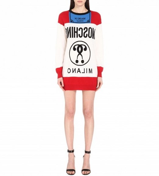 MOSCHINO Logo-intarsia wool dress – as worn by Bella Hadid with black over the knee boots at Kate Upton’s birthday party, June 2016. Celebrity fashion | star style knitwear | designer sweater dresses | long sweaters - flipped