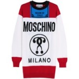 MOSCHINO Oversized intarsia wool sweater red/white – as worn by model Bella Hadid at Kate Upton’s birthday party in June 2016. Celebrity knitwear | designer sweaters | casual star style | what models wear | long jumpers | knitted dresses