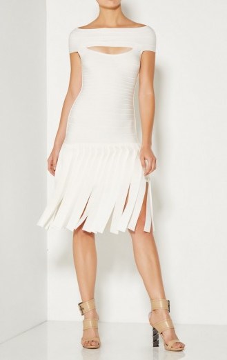 Herve Leger white fringe detail dress…this fitted dress is gorgeous! I would feel so feminine in this….luxury designer fashion, occasion clothing, luxe dresses - flipped