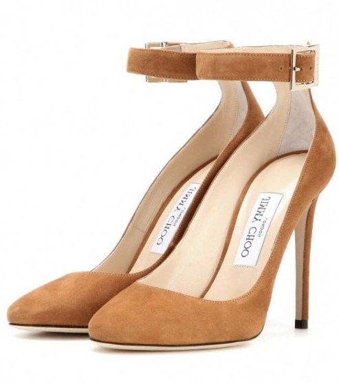 JIMMY CHOO Helena 110 suede pumps – as worn by Olivia Palermo at the Giambattista Valli Couture fashion show, Paris, 4 July 2016. Celebrity high heels | tan | light brown | ankle strap court shoes | designer courts | star style footwear - flipped