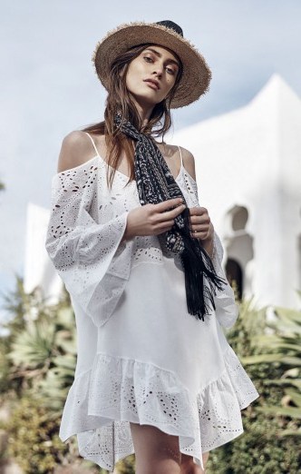 BCBG – NIKI OFF-THE-SHOULDER EMBROIDERED DRESS off white ~ summer style dresses ~ cold shoulder ~ BCBG MAX AZIRA ~ boho fashion ~ festival & holiday - flipped