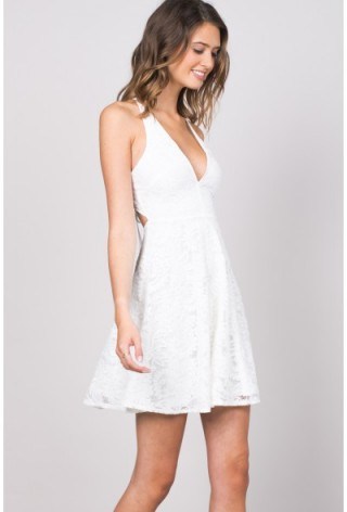 OH MY LOVE Plunge Skater Dress With Tie Back in White. Plunging necklines | deep V neckline | low cut party dresses | fit and flare - flipped