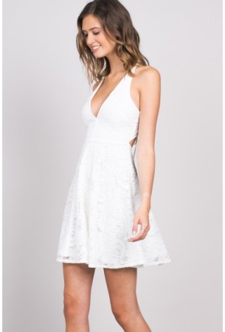 OH MY LOVE Plunge Skater Dress With Tie Back in White. Plunging necklines | deep V neckline | low cut party dresses | fit and flare