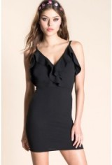 OH MY LOVE Frill Plunge Bodycon Dress in Black. Plunge front dresses | low cut neckline | plunging necklines | LBD