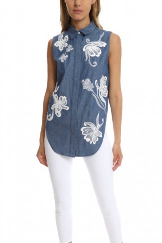 3.1 Phillip Lim Floral Chambray Embroidered Top. Blue denim tops | floral embroidery | sleeveless shirts | casual designer fashion