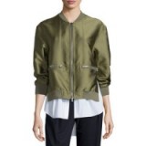 3.1 Phillip Lim Ribbed-Trim Satin Bomber Jacket, Everglade – as worn by Olivia Palermo with a mixed print mini skirt at the Giambattista Valli Couture fashion show, Paris, 4 July 2016. Casual celebrity jackets | star style fashion | designer clothing | olive green