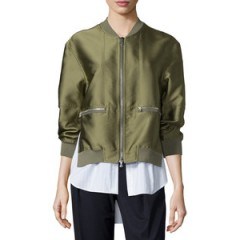 3.1 Phillip Lim Ribbed-Trim Satin Bomber Jacket, Everglade – as worn by Olivia Palermo with a mixed print mini skirt at the Giambattista Valli Couture fashion show, Paris, 4 July 2016. Casual celebrity jackets | star style fashion | designer clothing | olive green - flipped