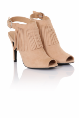 PIECES Nude Fringe Heeled Sandals – pale pink high heels – fringed shoes – faux suede footwear – peep toe