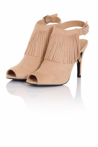 PIECES Nude Fringe Heeled Sandals – pale pink high heels – fringed shoes – faux suede footwear – peep toe - flipped