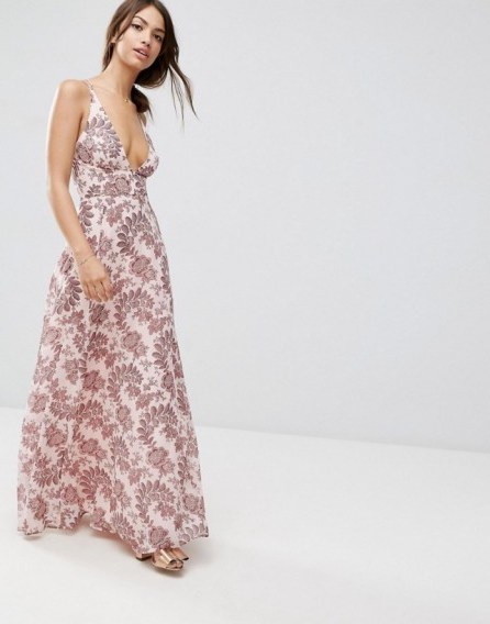 ASOS Deep Plunge Cami Maxi Dress In Pink Paisley Floral – long summer dresses – garden party fashion – summer garden parties – holiday style – low cut front – plunging neckline - flipped