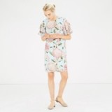 Warehouse pom pom print shift dress with large pink flowers – floral print summer dresses – short ruffled sleeves – feminine style – sunny day fashion