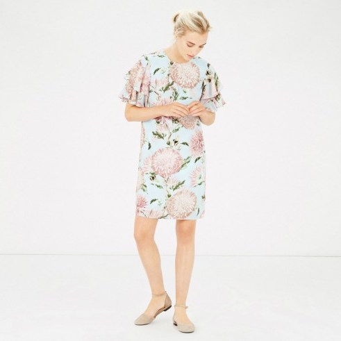 Warehouse pom pom print shift dress with large pink flowers – floral print summer dresses – short ruffled sleeves – feminine style – sunny day fashion - flipped