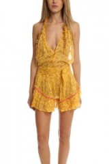 Poupette St Barth Dalia Top in lemon chrome. Plunge front tops | low cut neckline | plunging necklines | summer holiday beachwear fashion | walk on the beach | ruffled | floral prints | semi sheer