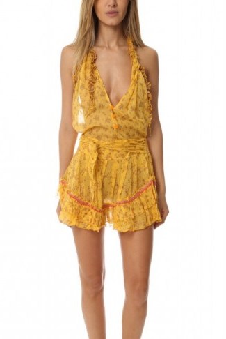 Poupette St Barth Dalia Top in lemon chrome. Plunge front tops | low cut neckline | plunging necklines | summer holiday beachwear fashion | walk on the beach | ruffled | floral prints | semi sheer - flipped