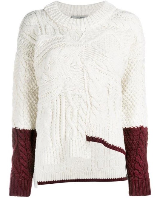 PREEN BY THORNTON BREGAZZI Asymmetric Cable Knit Wool Sweater. Luxury knits | designer knitwear | chunky sweaters | cream and burgundy jumpers | casual luxe - flipped