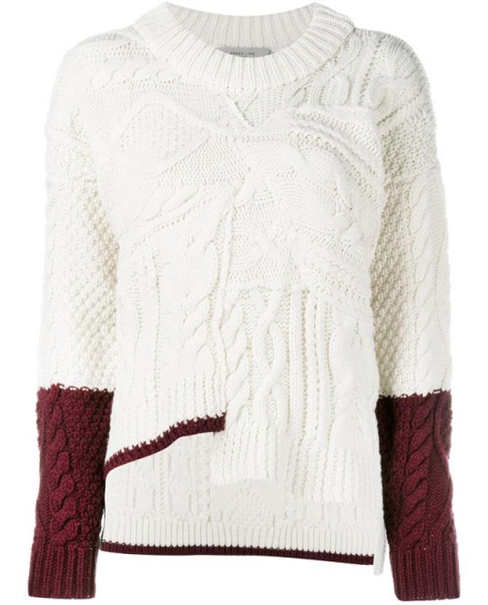 PREEN BY THORNTON BREGAZZI Asymmetric Cable Knit Wool Sweater. Luxury knits | designer knitwear | chunky sweaters | cream and burgundy jumpers | casual luxe