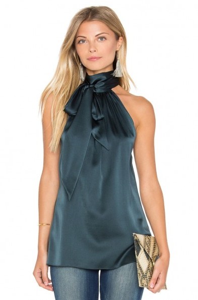 RAMY BROOK ~ PAIGE TIE NECK TANK in spruce. Chic dark green tops | sleeveless silky blouses | neck tie detail | silk blend fabric - flipped